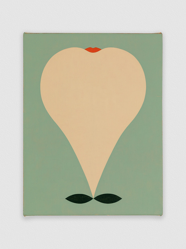 Left: Painting of woman with light blue skin against a dark violet and blue background. Right: Painting of tan image against a medium-green background.