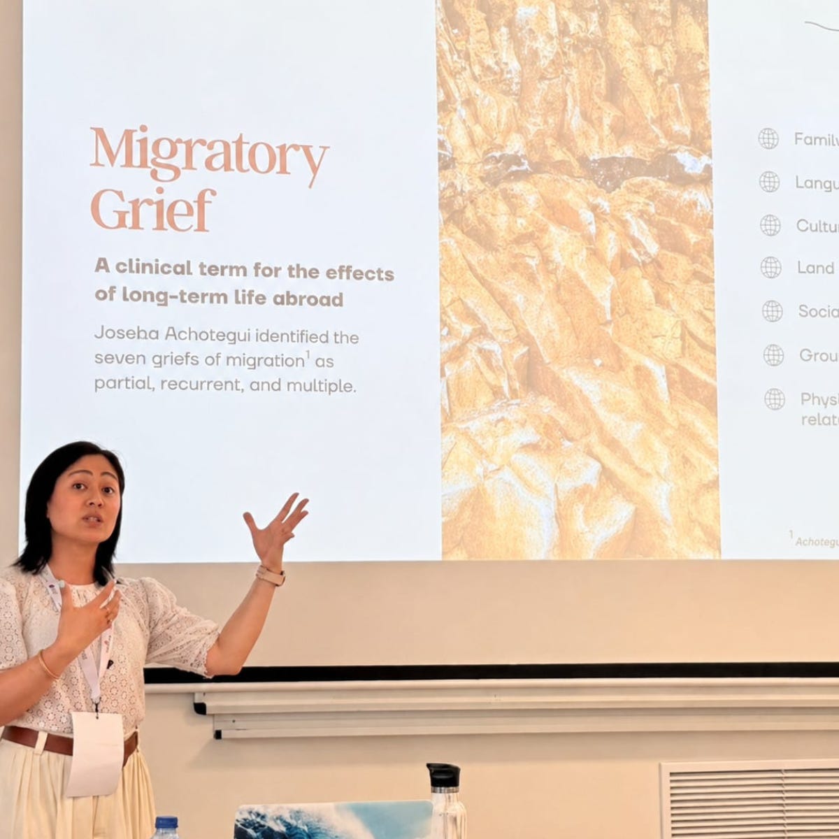 Kay Fabella of Edgewalkers Collective delivering a talk on migratory grief and long-term life abroad