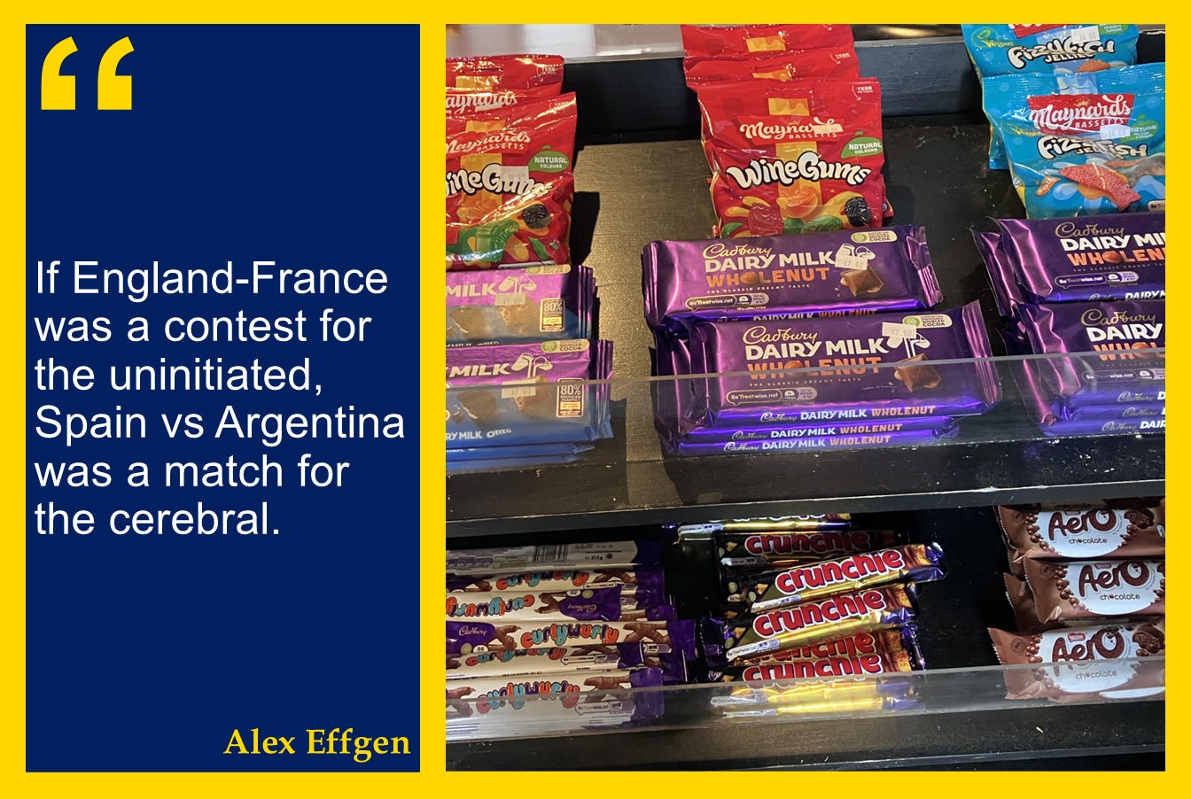 A photo of English Cadbury candy, with a quote from the author: "If England-France was a contest for the uninitiated, Spain vs Argentina was a match for the cerebral."