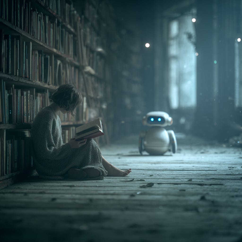 A young woman is sitting in a large room and she is reading a book. In the back of the room. a cute robot is swiping the floor