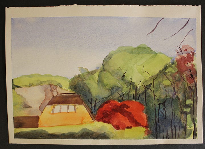 Watercolor landscape of a yellow cottage surrounded by green trees, with a pink bush in the foreground under a blue sky. | Watercolor painting of a countryside cottage with red bush and dense green trees under a pale blue sky.