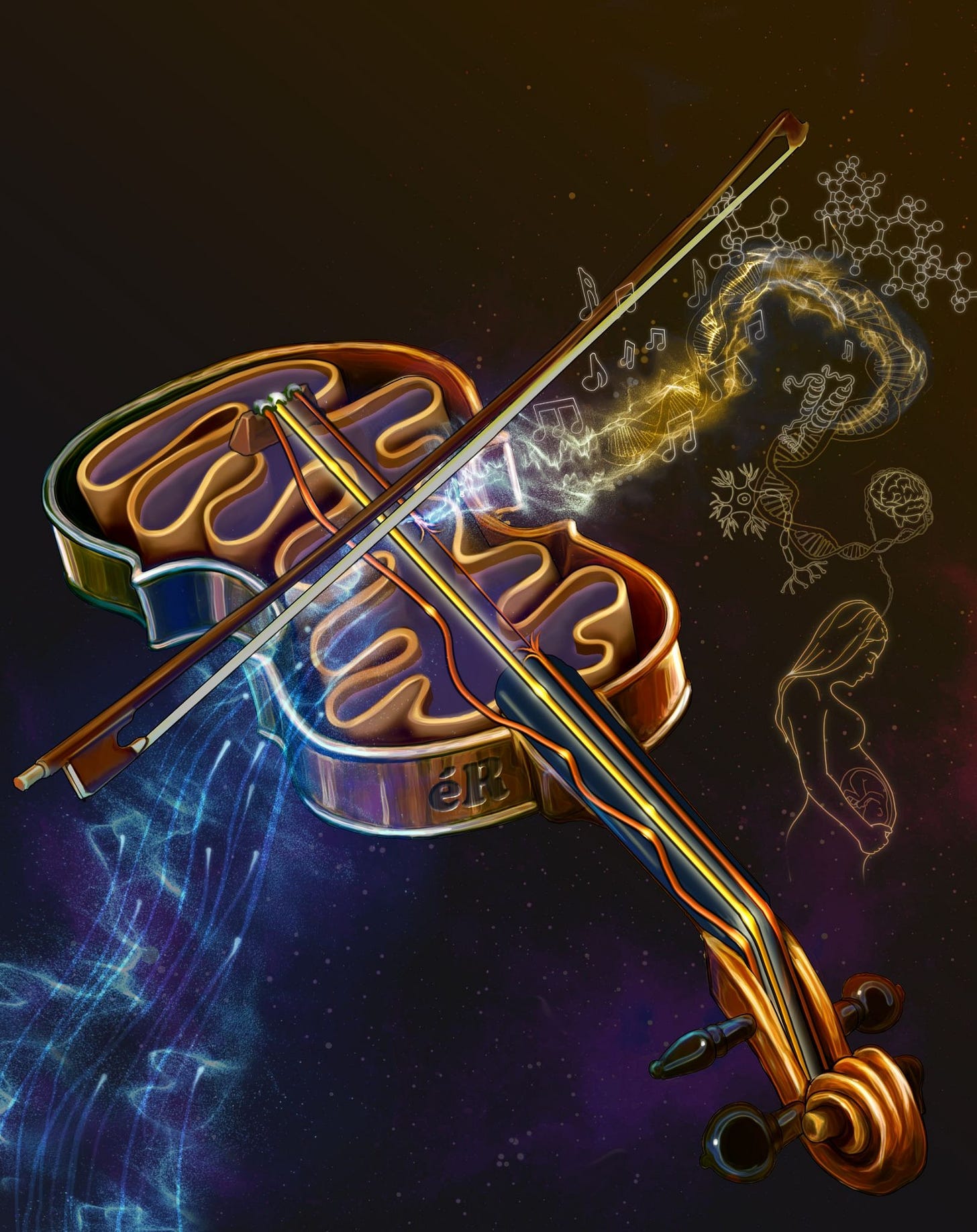 An illustration of a violin depicting the Energy Resistance Principle with the violin stylized as a mitochondria transforming notes on a page into music. 