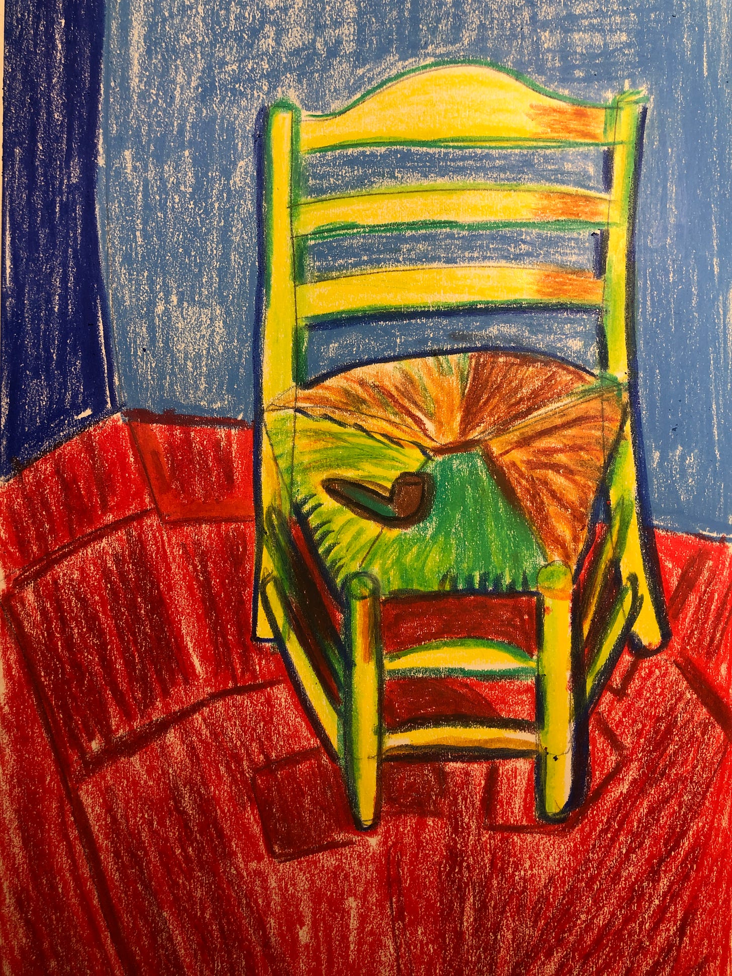 Etude sur La chaise et la pipe de Vincent de David Hockney, réalisée entièrement aux Neocolor II de Caran d'Ache