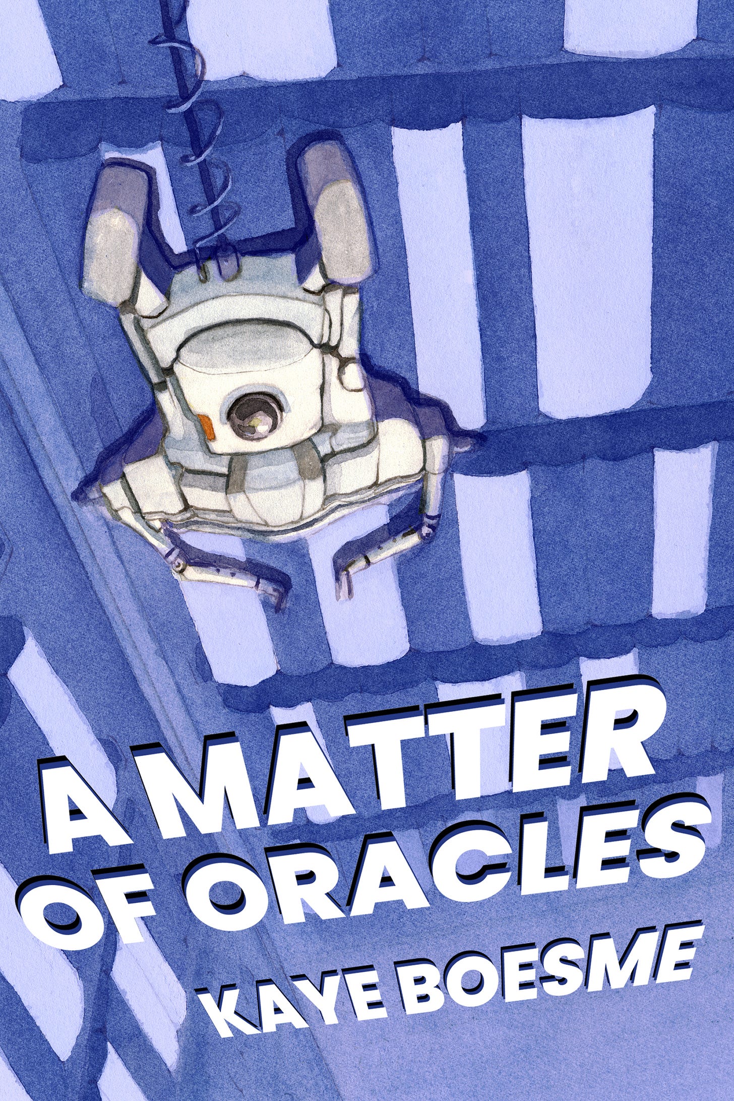 The book cover shows a robot scaling some abstractly-watercolored bookcases.
