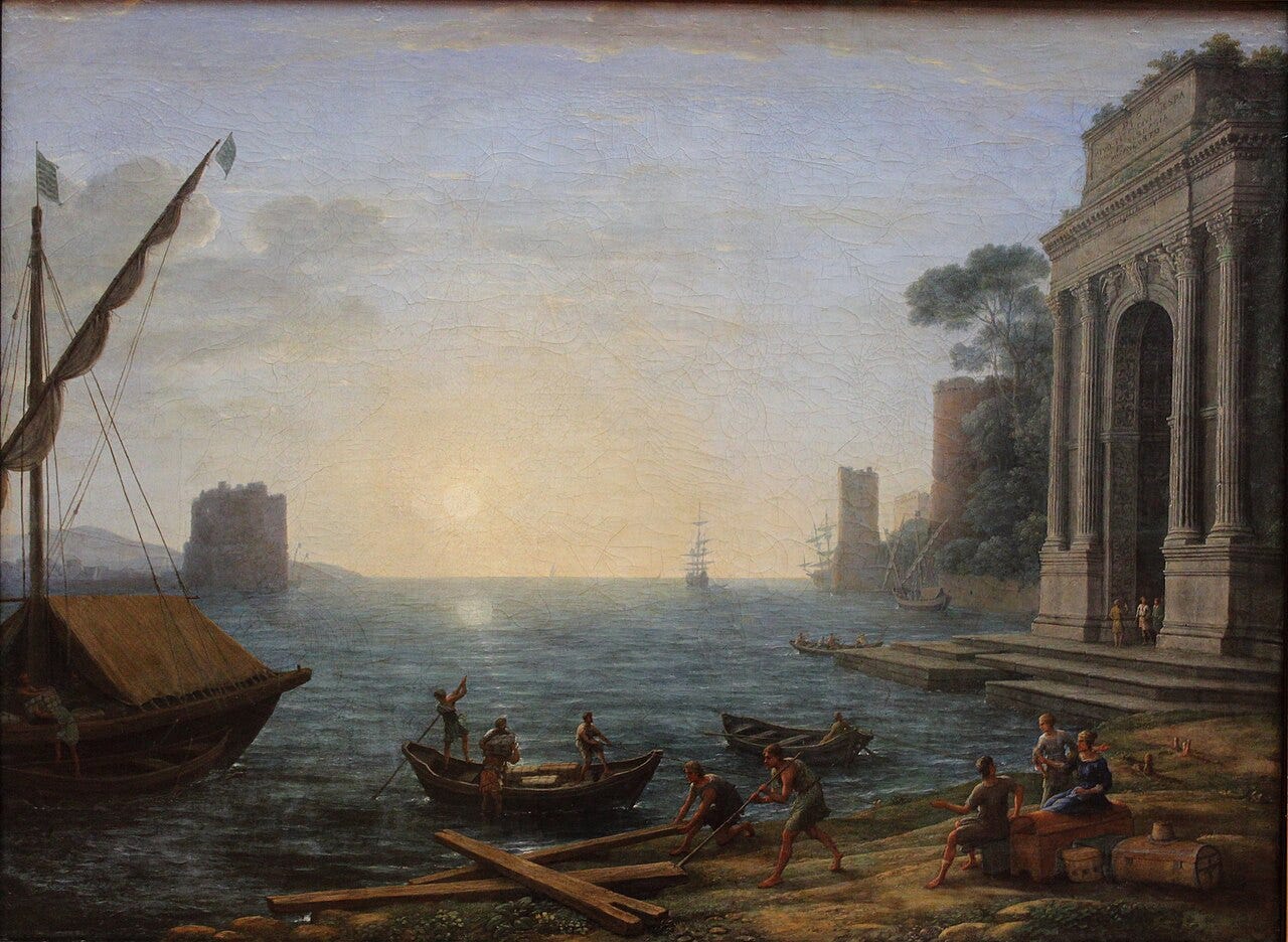 Claude Lorrain's A Seaport at Sunrise, a low sun at the center of a classical harbor