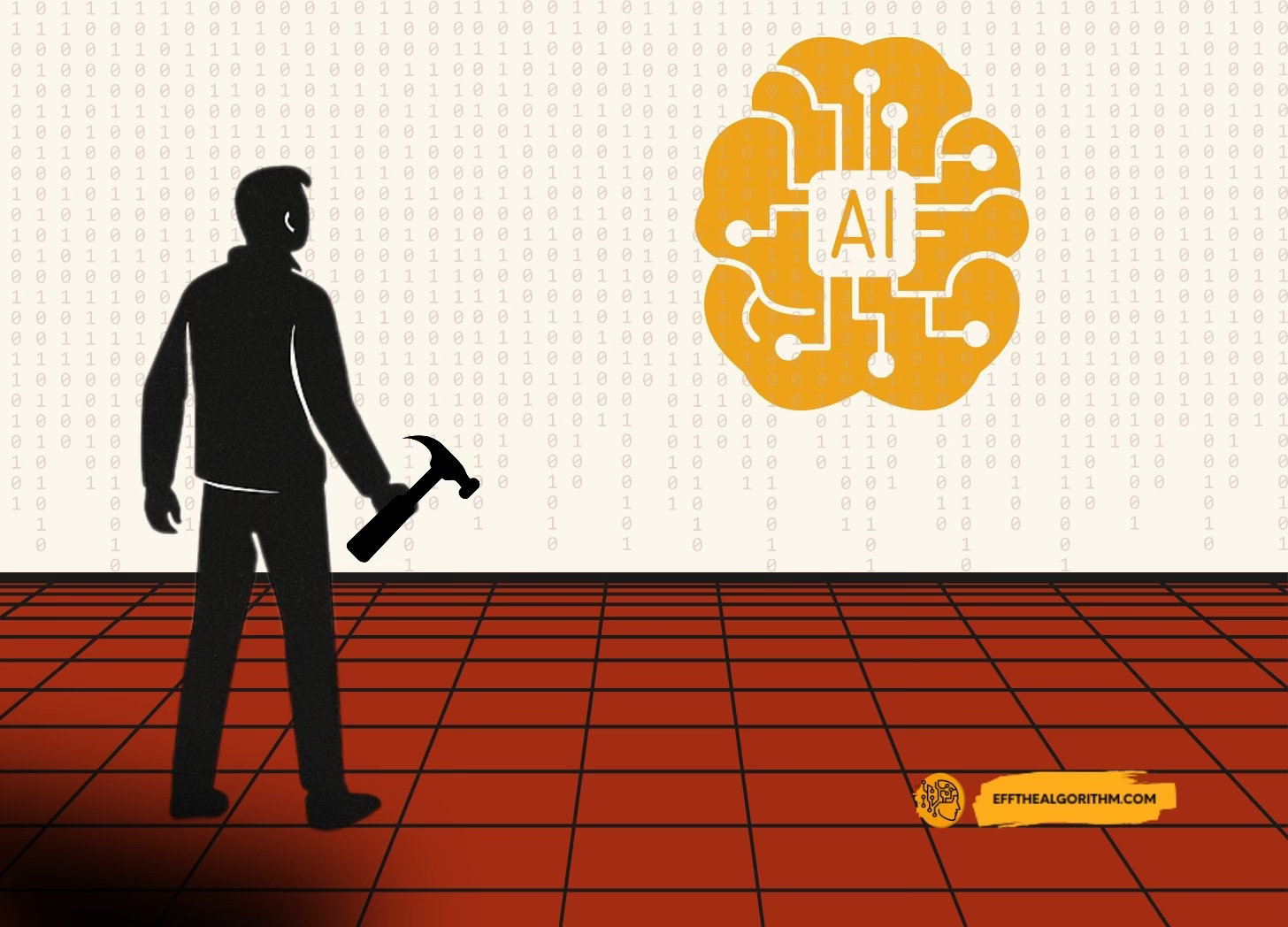 Digital illustration of a person holding a hammer and staring at an AI brain
