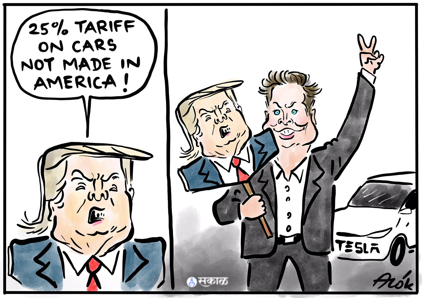 May be a doodle of text that says '25% TARIFF ON CARS NOT MADE IN AMERICA কৃবসা सकाळ Arók'