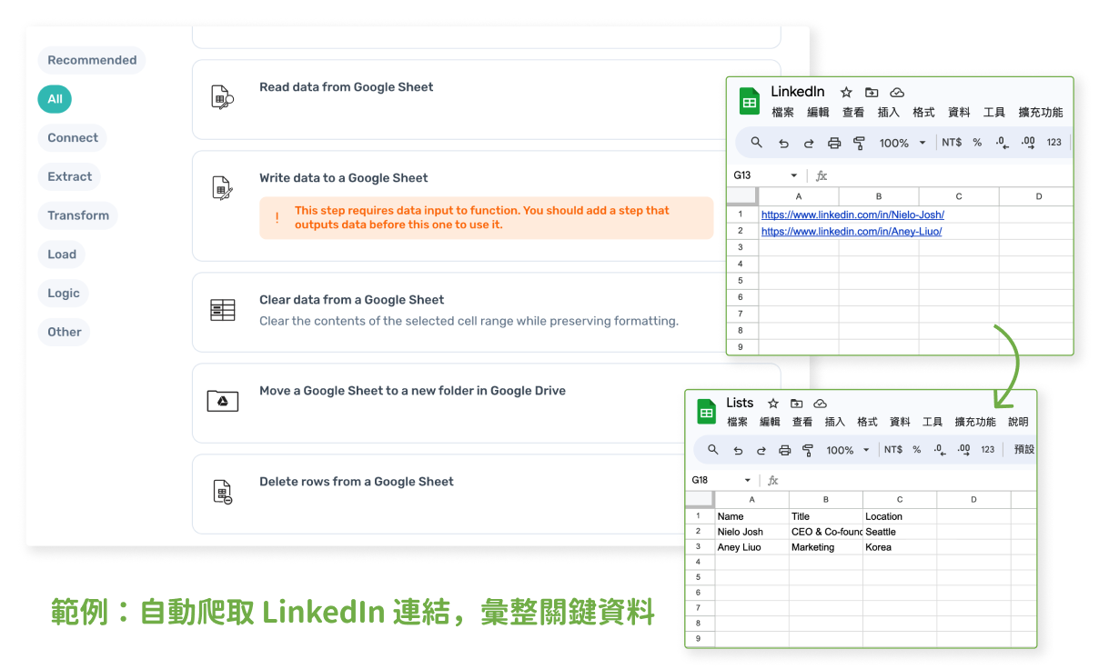 axiom.ai 無縫整合 Google Sheets 示意