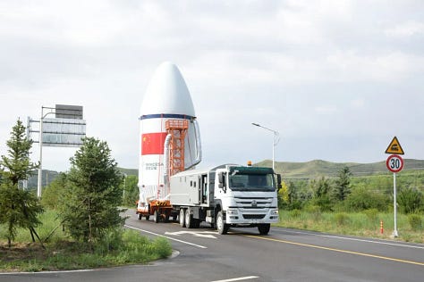 The Long March 6A's first-stage, second-stage, and fairing being brought to Launch Complex 9A ahead of its July 4th 2026 mission.