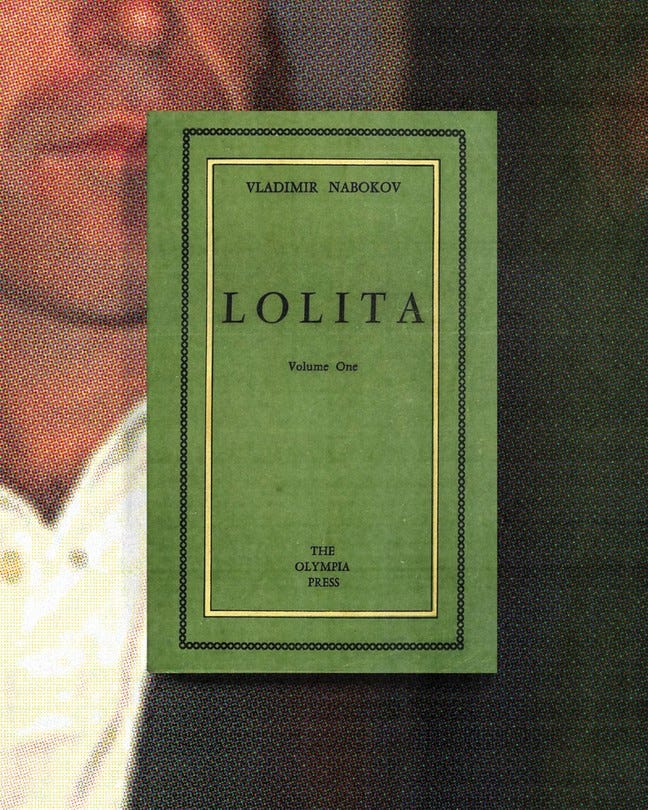 An image of the green cover of Vladimir Nabokov's "Lolita" superimposed over a photo of the lower half of Jeffrey Epstein's face.
