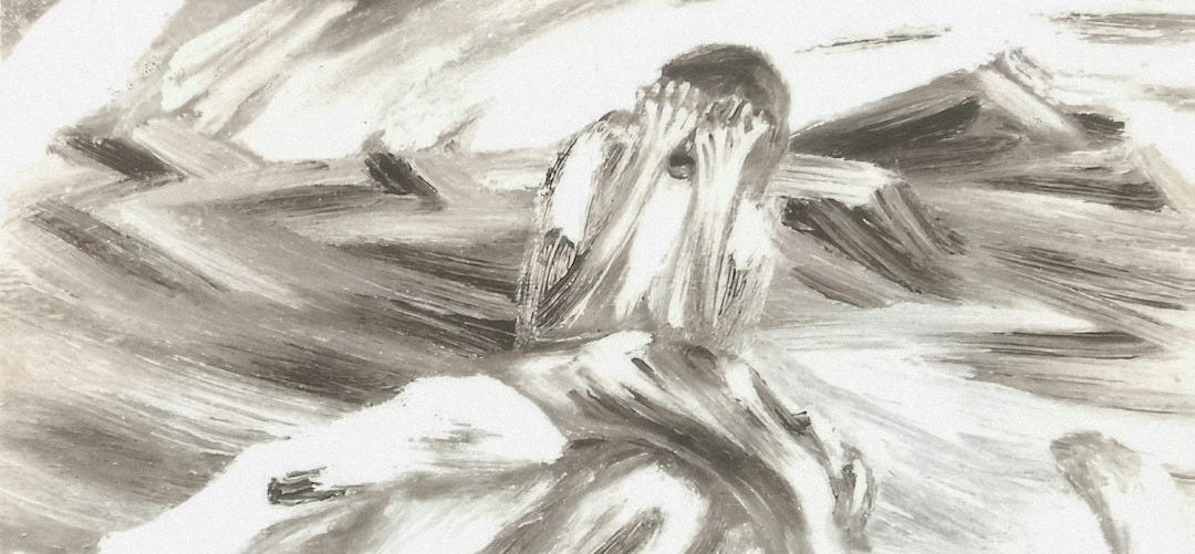 A figure sits hunched over, covering their face A figure sits hunched over, covering their face