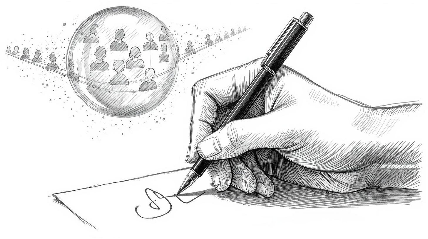 Hand about to sign contract while a dissolving pipeline mirage floats above it