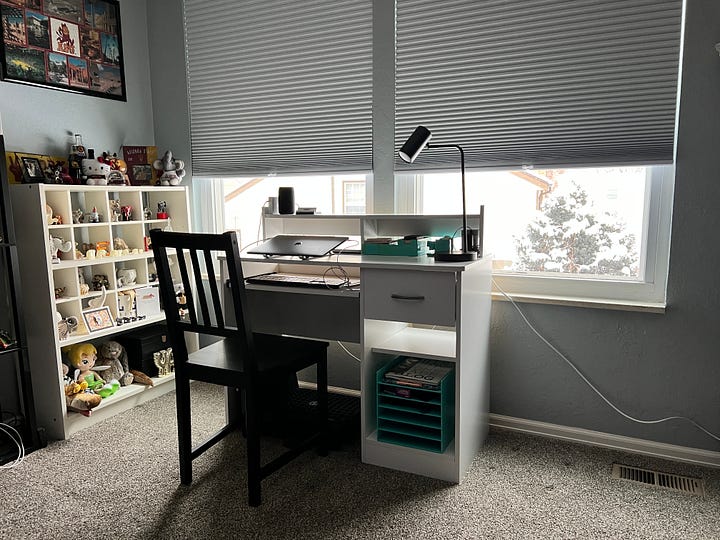Image 1: Two women smiling in a movie theatre; Image 2: One woman meeting a person dressed up as The Cat in the Hat in a bookstore; Image 3: Two women smiling, one holding books in the front of a bookstore; Image 4: Image of a desk in front of windows
