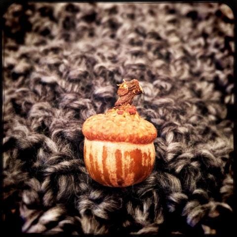 One small, brown acorn resting on a dark gray crochet blanket.