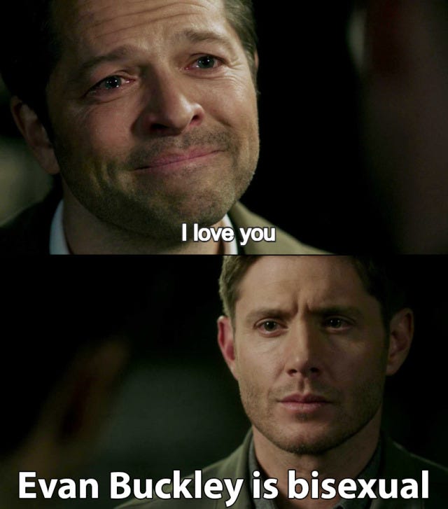 The Destiel Supernatural meme where Castiel is saying I love you and Dean is saying Evan Buckley is bisexual