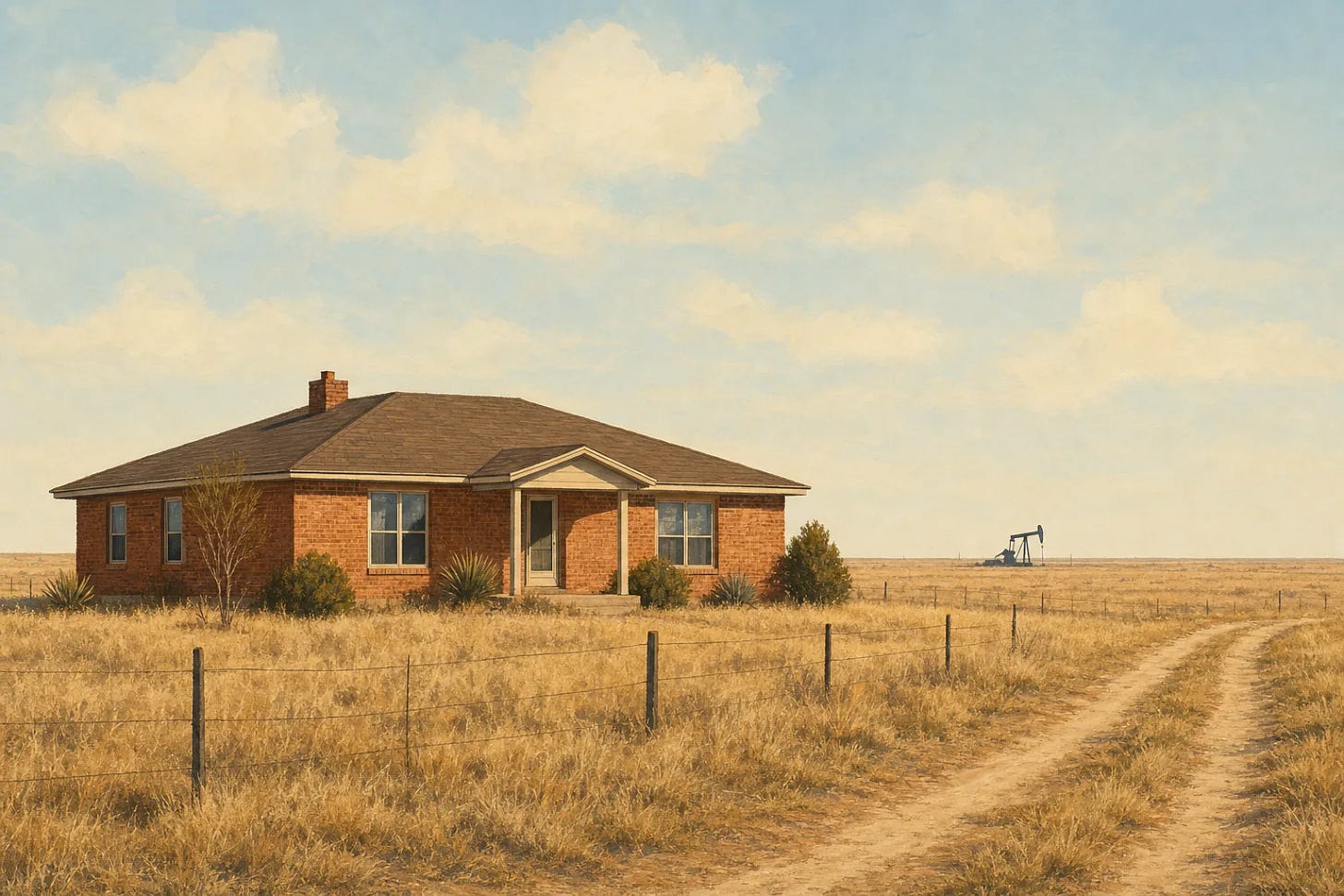 Modest brick house on flat open Panhandle land with dry grass and a low wire fence, a single oil pumpjack small on the horizon behind it Modest brick house on flat open Panhandle land with dry grass and a low wire fence, a single oil pumpjack small on the horizon behind it