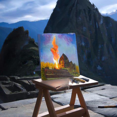 Landscape paintings of Machu Picchu on fire being painted on an easel on Machu Picchu