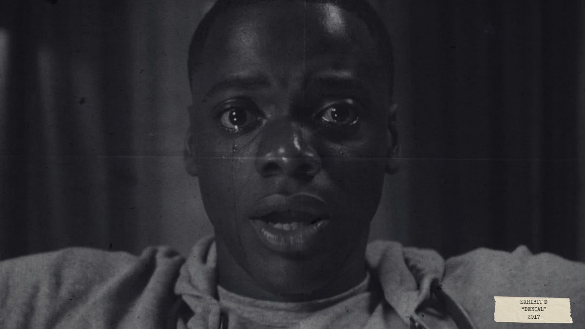 Black-and-white close-up of Chris Washington from Get Out (2017), eyes wide with tears, referencing the “sunken place” and loss of agency.