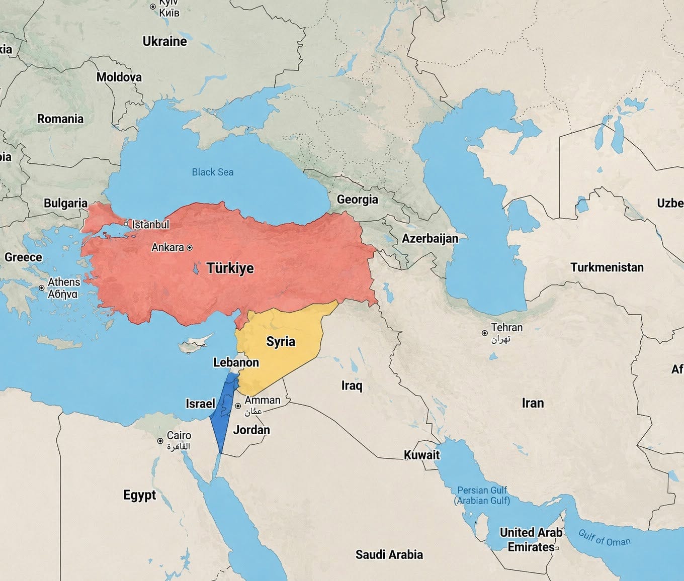 Có thể là đồ họa về ‎bản đồ và ‎văn bản cho biết '‎® Ryty KийB ia Ukraine Moldova Romania ia Black Sea Bulgaria Istanbul Greece Georgia Ankara 0 Türkiye Athens Αθήνα Azerbaijan Uzbe Turkmenistan Syria Lebanon ® Tehran تهران Israel Iraq @ Amman عشان Jordan © 0 الفافر Cairo Af Iran Egypt Kuwait Persian Gulf (Arabian Gulf) Saudi SaudiArabia Arabia United Arab Emirates GuifofOman Guif fOman‎'‎‎