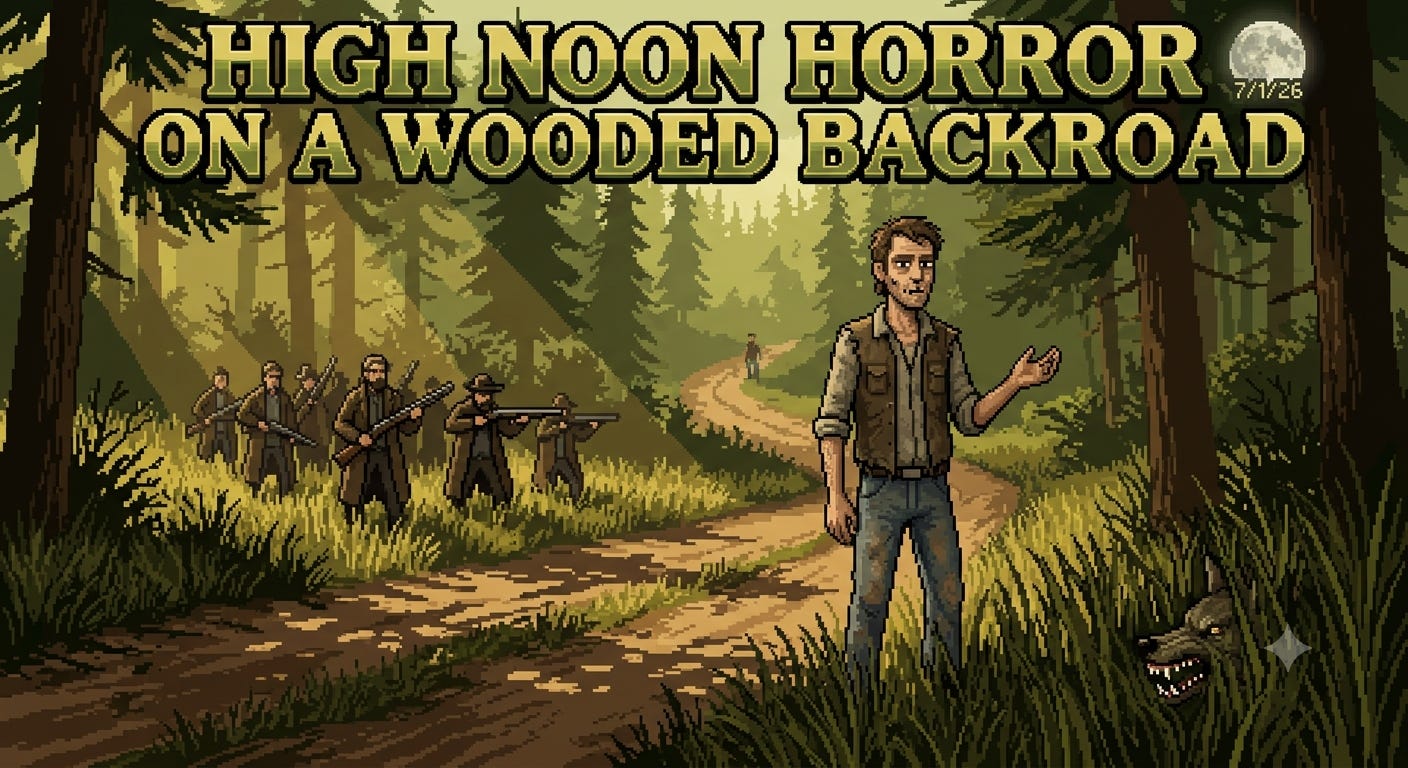 High Noon Horror on a Wooded Backroad