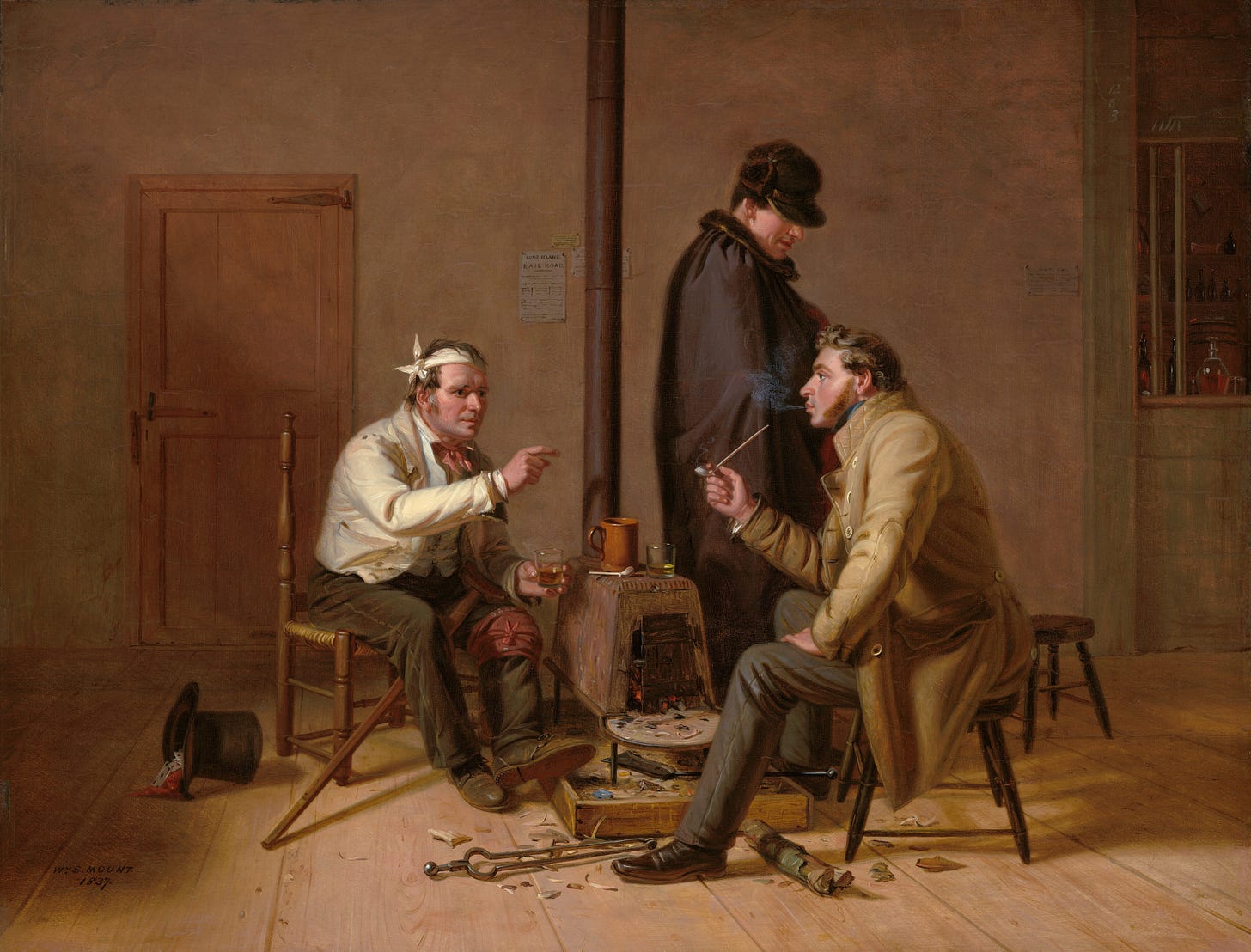 A disheveled figure with knee and head injuries and a crutch sits in a mostly empty tavern. Holding a glass of hard cider, he tells his tale to the tavern keeper, the younger man across from him. Behind them, a third man seems to be listening—but keeping his distance. A railroad schedule on the wall suggests that the standing figure will soon travel on.  As the artist explained, the older man persists in “entertaining his young landlord with the longest story . . . having fairly tired out every other frequenter of the establishment.” Mount was a visual storyteller whose keen observations of American life captured the public’s imagination.