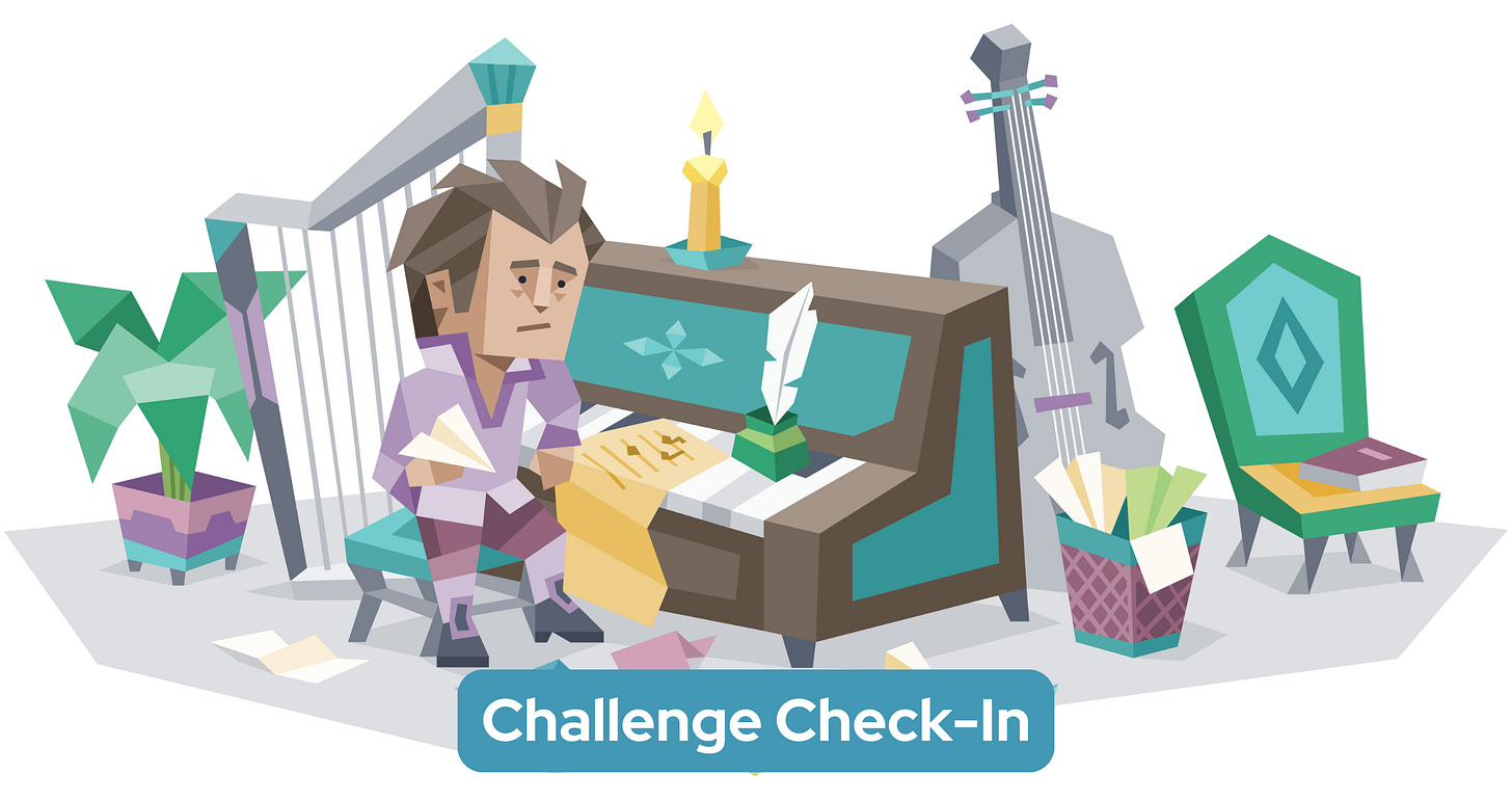 A weary musician – an exhausted man sits at his cluttered piano surrounded by crumpled papers and musical instruments. Text reads: "Challenge Check-In"