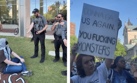 Campus police confront a student wearing a keffiyeh. Another student holds a sign that says “Gonna gas us again, you fucking monsters”