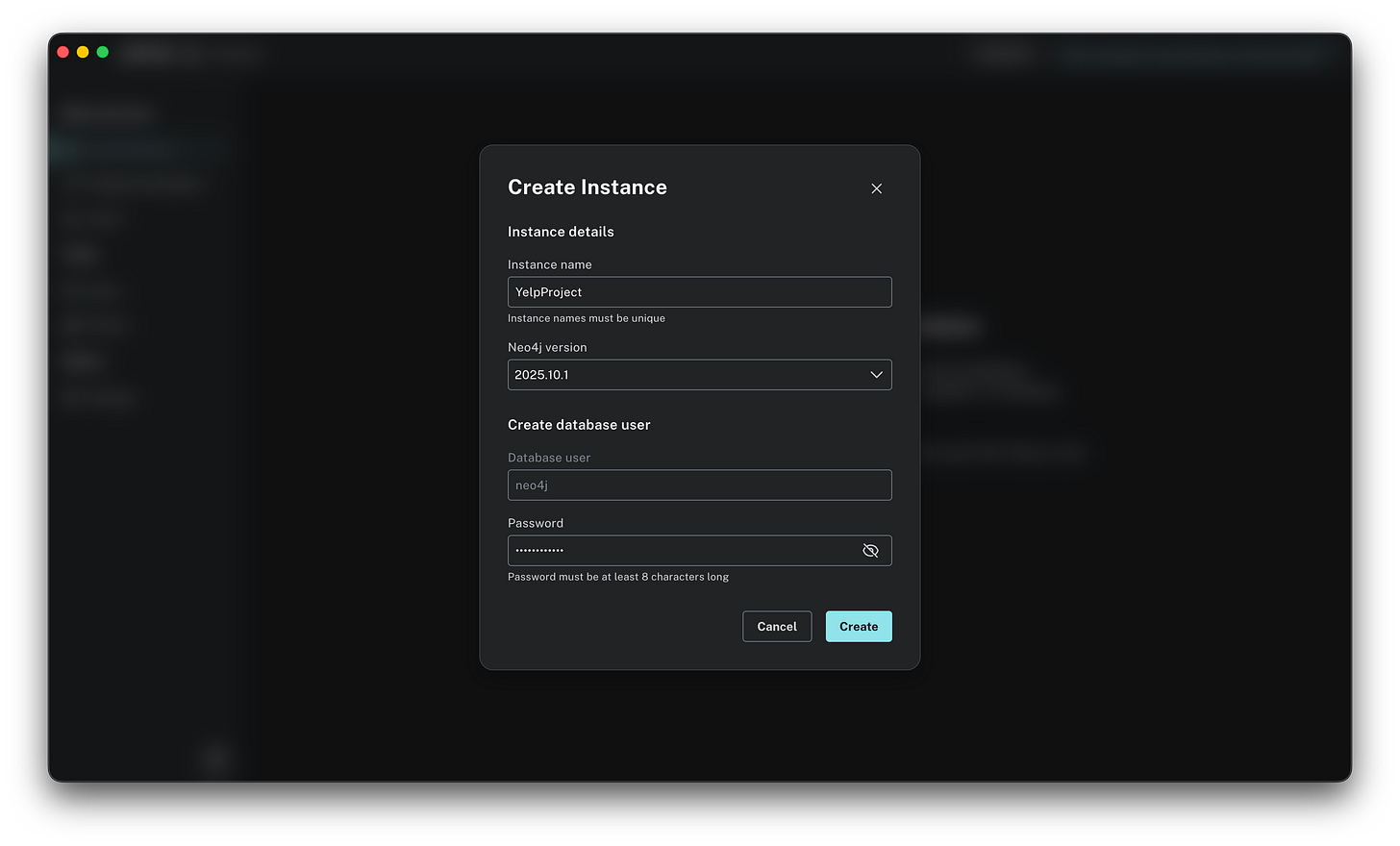 The "Create Instance" modal in Neo4j Desktop showing fields for Instance Name, Version, and Password.