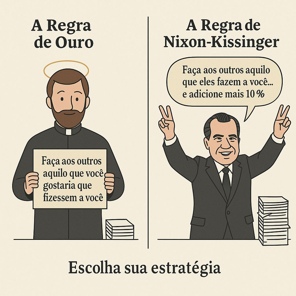 Ilustração comparando a Regra de Ouro (“Faça aos outros aquilo que você gostaria que fizessem a você”) com a versão de Nixon e Kissinger (“Faça aos outros aquilo que eles fazem a você… e adicione mais 10%”). À esquerda, figura com halo representando empatia; à direita, Nixon sorrindo com os dedos em V, representando reciprocidade com excesso.
