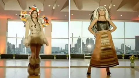 YouTube/Miss Universe Canada A split image of two women wearing costumes posing on a runway YouTube/Miss Universe Canada A split image of two women wearing costumes posing on a runway