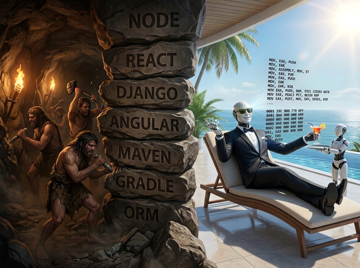 A split image showing cavemen chiseling the names of modern software frameworks into a stone wall, including Node, React, Django, Angular, Maven, Gradle, and ORM. On the opposite side, a futuristic robot in a tuxedo relaxes on a poolside chair while another robot serves a drink. Behind the robot is a wall covered in assembly‑style code and hexadecimal numbers, contrasting primitive human development with advanced automated programming.