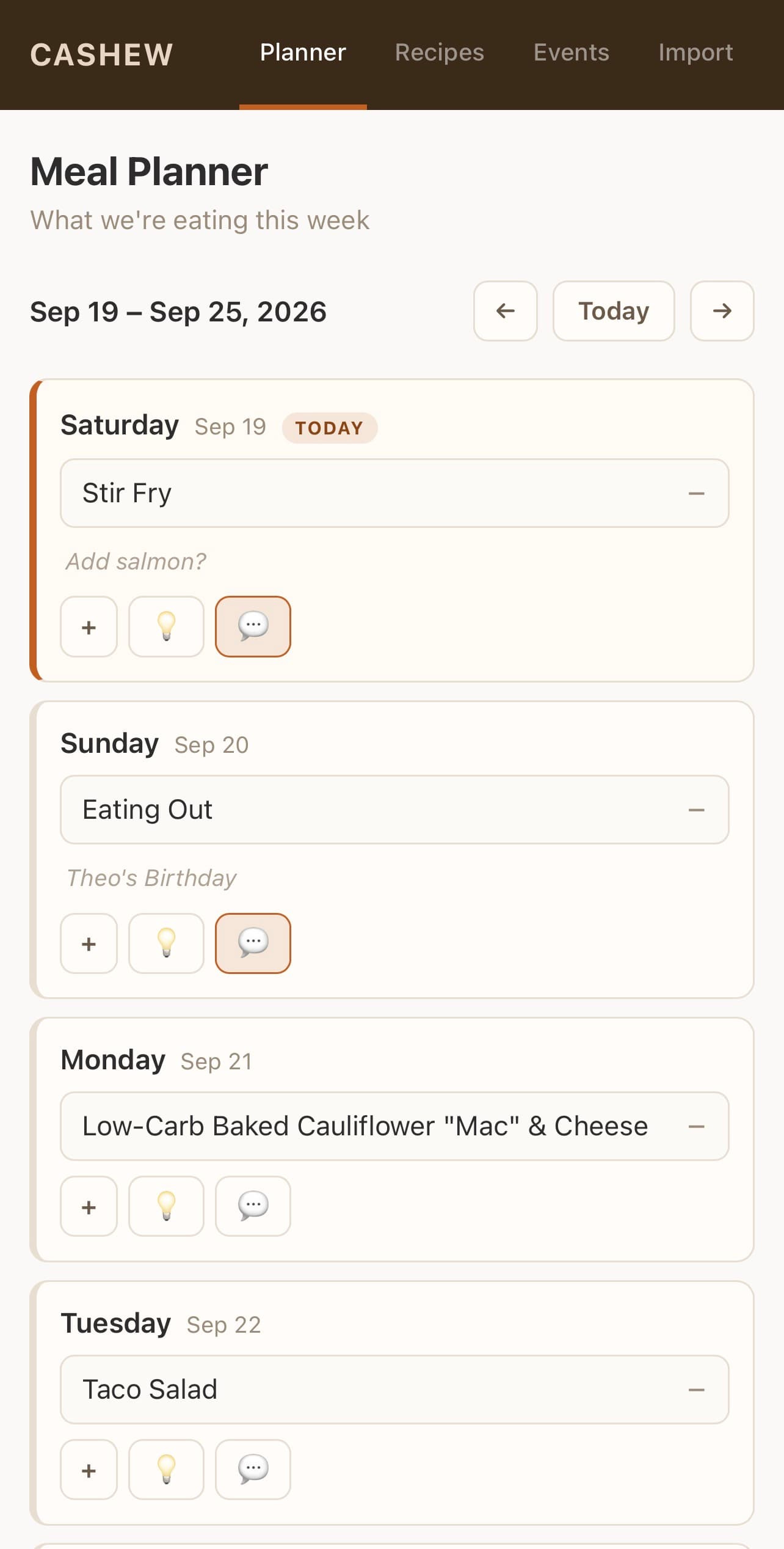 screen shot of the meal planner page of my recipe planning app screen shot of the meal planner page of my recipe planning app