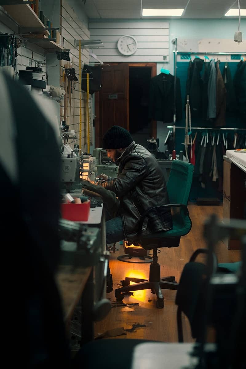 Man working at a sewing machine in a workshop.