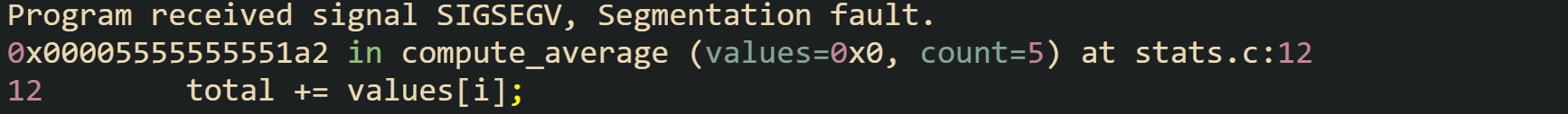 Program received signal SIGSEGV, Segmentation fault. 0x00005555555551a2 in compute_average (values=0x0, count=5) at stats.c:12 12        total += values[i];