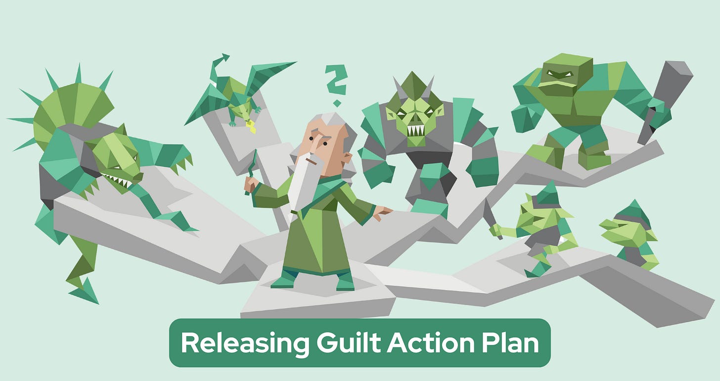 An INFJ man with an elaborate white beard wearing a green robe stands surrounded by various green monsters on a fragmented platform. The text "Releasing Guilt Action Plan" appears at the bottom. An INFJ man with an elaborate white beard wearing a green robe stands surrounded by various green monsters on a fragmented platform. The text "Releasing Guilt Action Plan" appears at the bottom.
