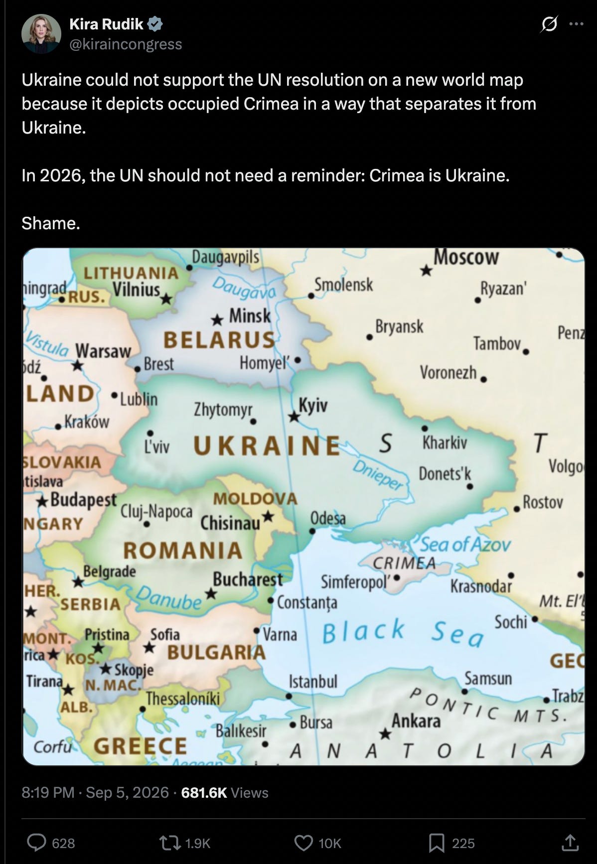 Rudik: Ukraine could not support the UN resolution on a new world map because it depicts occupied Crimea in a way that separates it from Ukraine.  In 2026, the UN should not need a reminder: Crimea is Ukraine.  Shame.