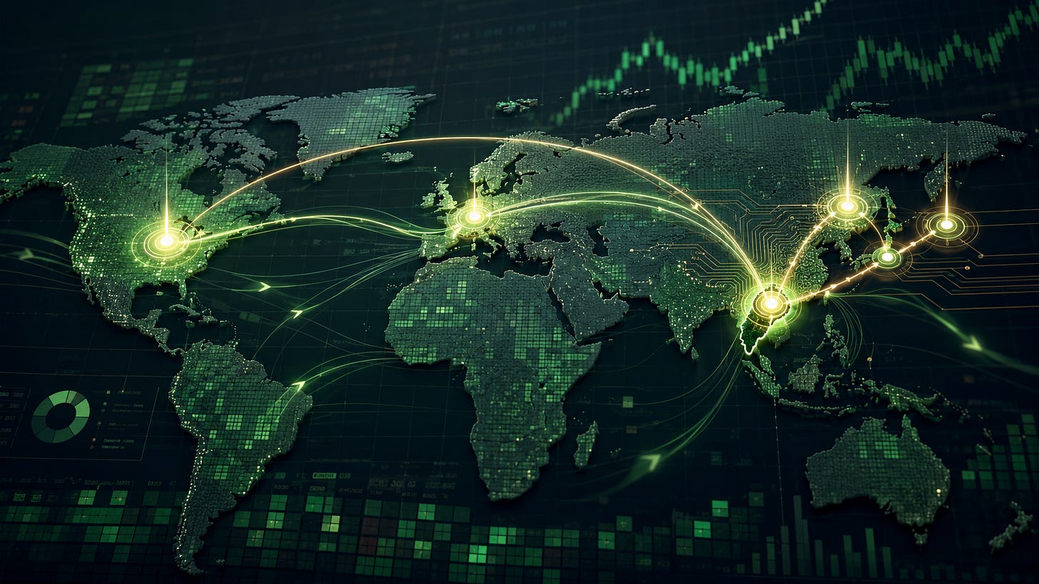 Global markets, one concentrated tape — the AI-chip economies of Asia lit brightest against the world map. Global markets, one concentrated tape — the AI-chip economies of Asia lit brightest against the world map.