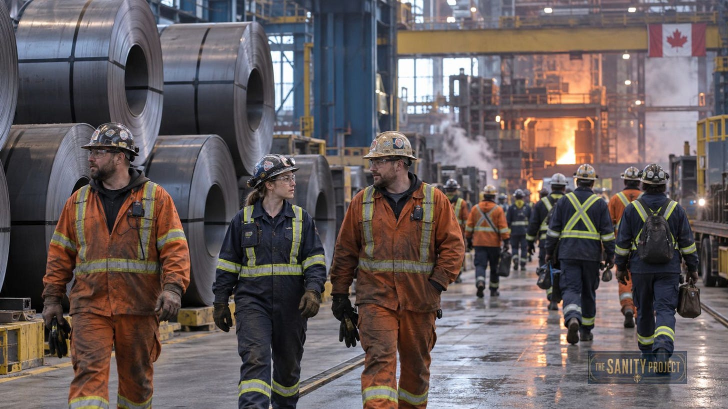 Canadian steelworkers on the floor of a mill affected by the Canada trade war with the US Canadian steelworkers on the floor of a mill affected by the Canada trade war with the US