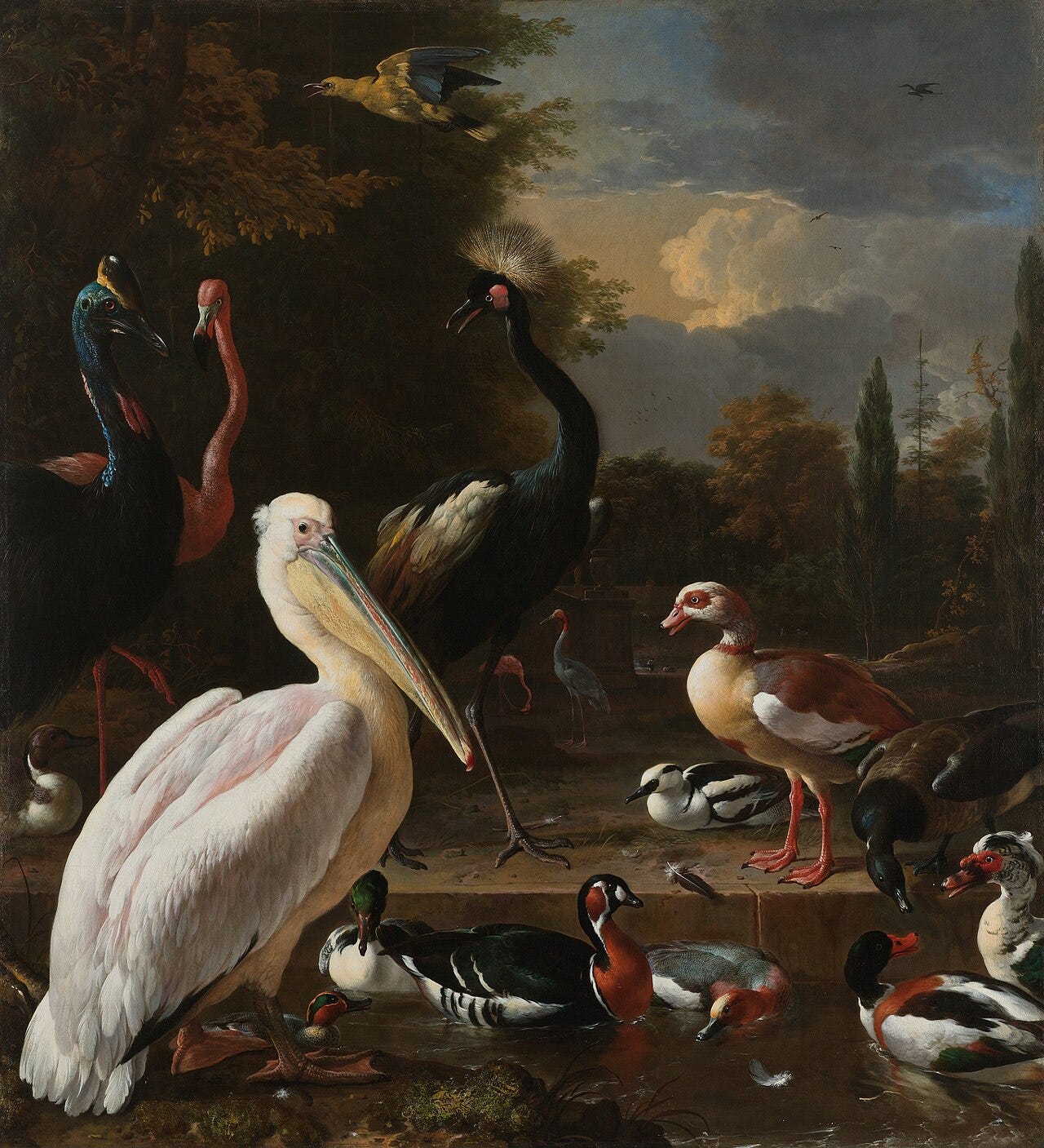 Melchior d'Hondecoeter's The Floating Feather, a pelican and other exotic waterfowl gathered at a pool with a single feather adrift on the water, around 1680 Melchior d'Hondecoeter's The Floating Feather, a pelican and other exotic waterfowl gathered at a pool with a single feather adrift on the water, around 1680