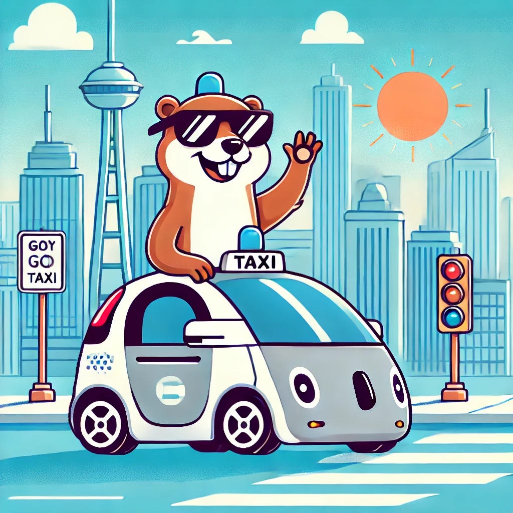 A cartoon-style illustration of a futuristic city with autonomous taxis. A cheerful marmot wearing sunglasses is driving a self-driving car, waving at pedestrians while the city skyline shines in the background.