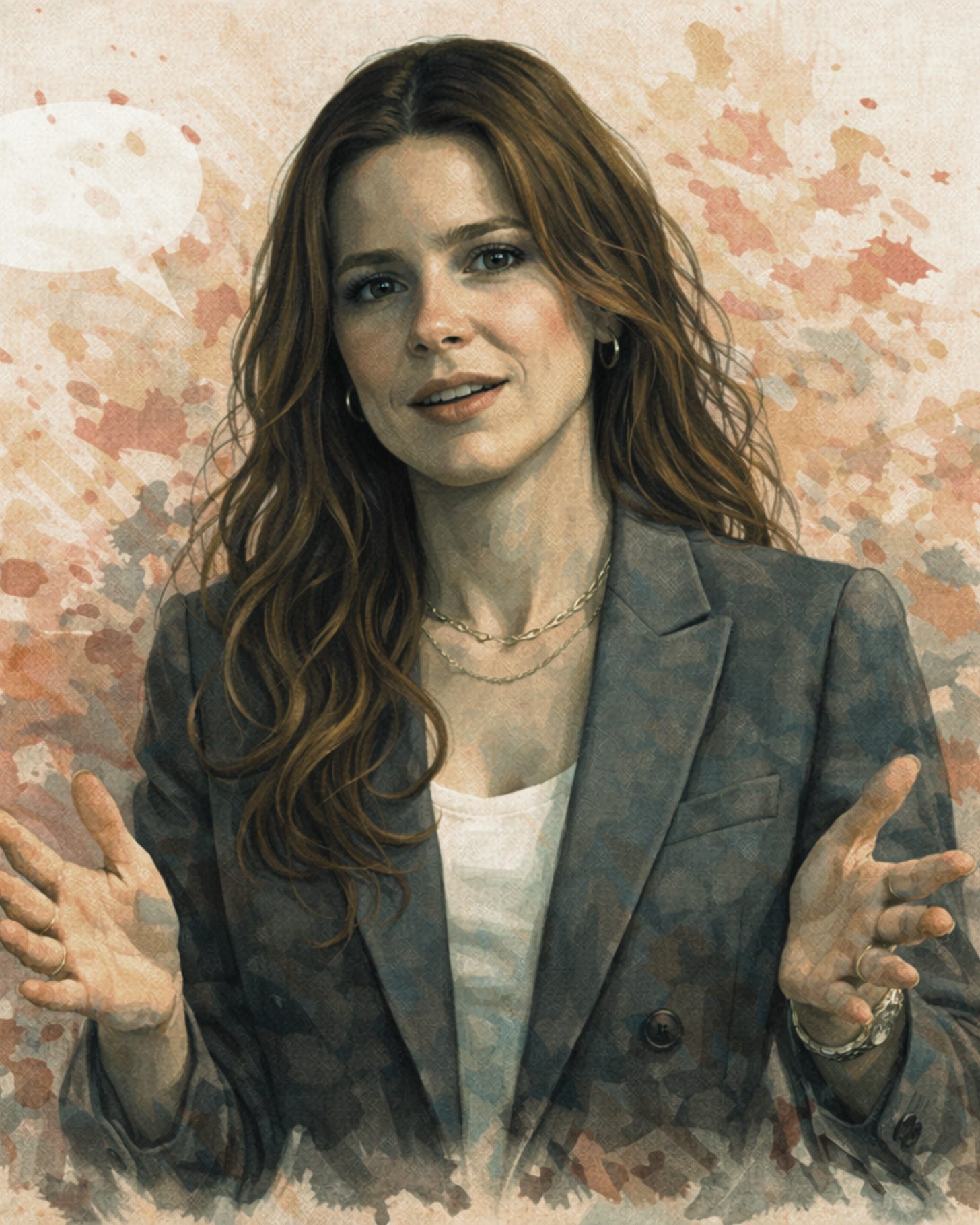 Illustrated portrait of a composed professional woman gesturing while speaking, representing clear communication, authority, and the ability to stop explaining once the point is made
