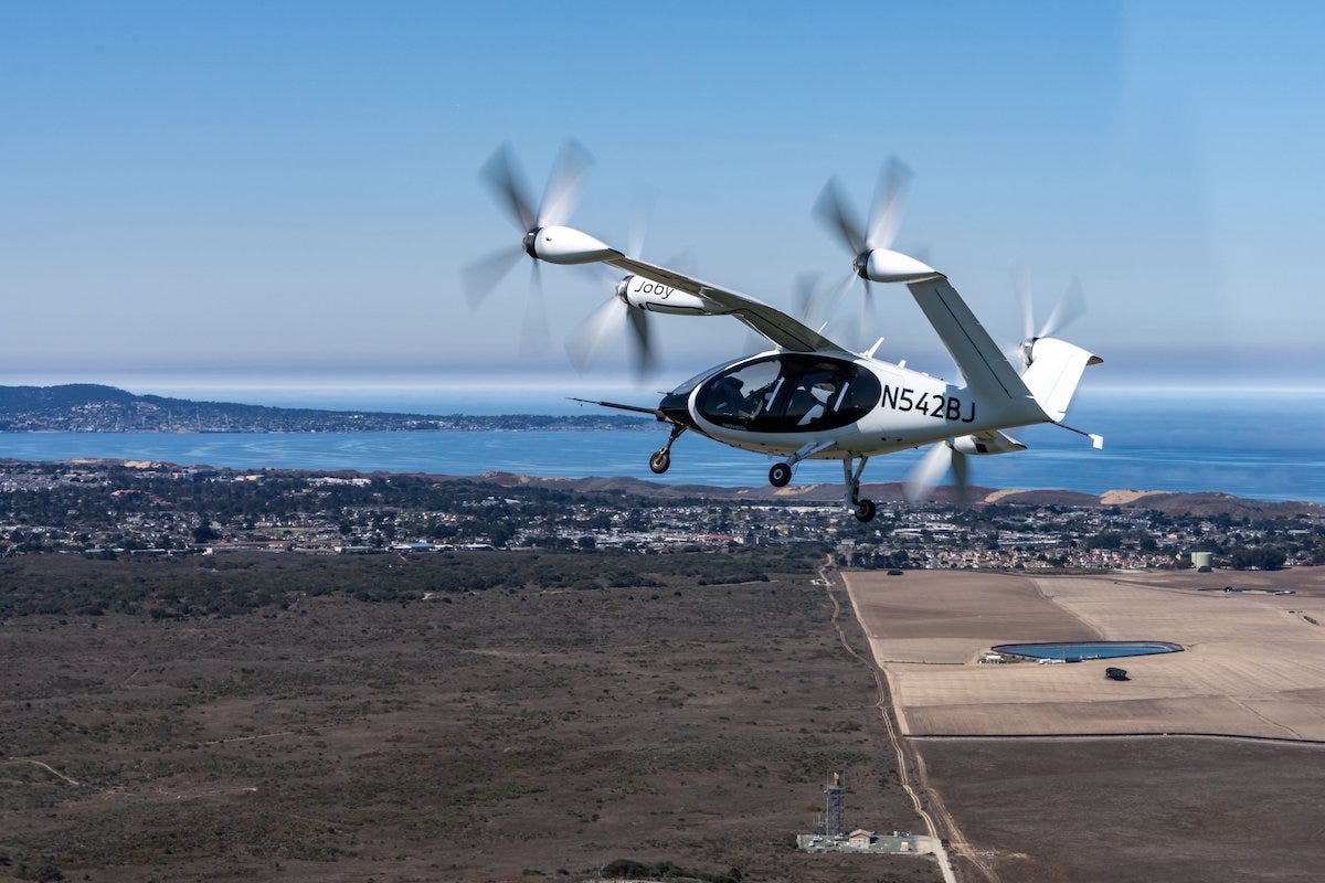 A Joby Aviation electric air taxi on a test flight A Joby Aviation electric air taxi on a test flight