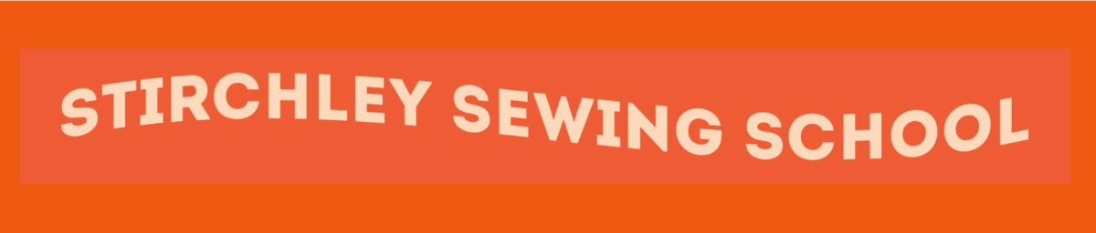 Stirchley Sewing School logo, peach text in a wavy line on orange background Stirchley Sewing School logo, peach text in a wavy line on orange background