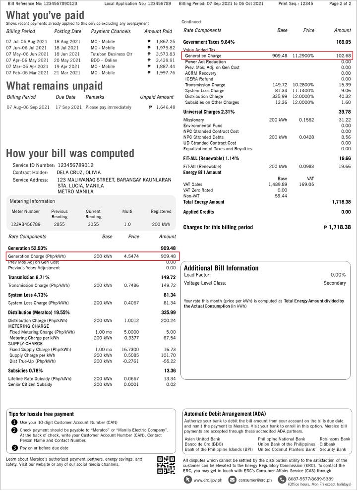 Generation highlighted on the electric bill.