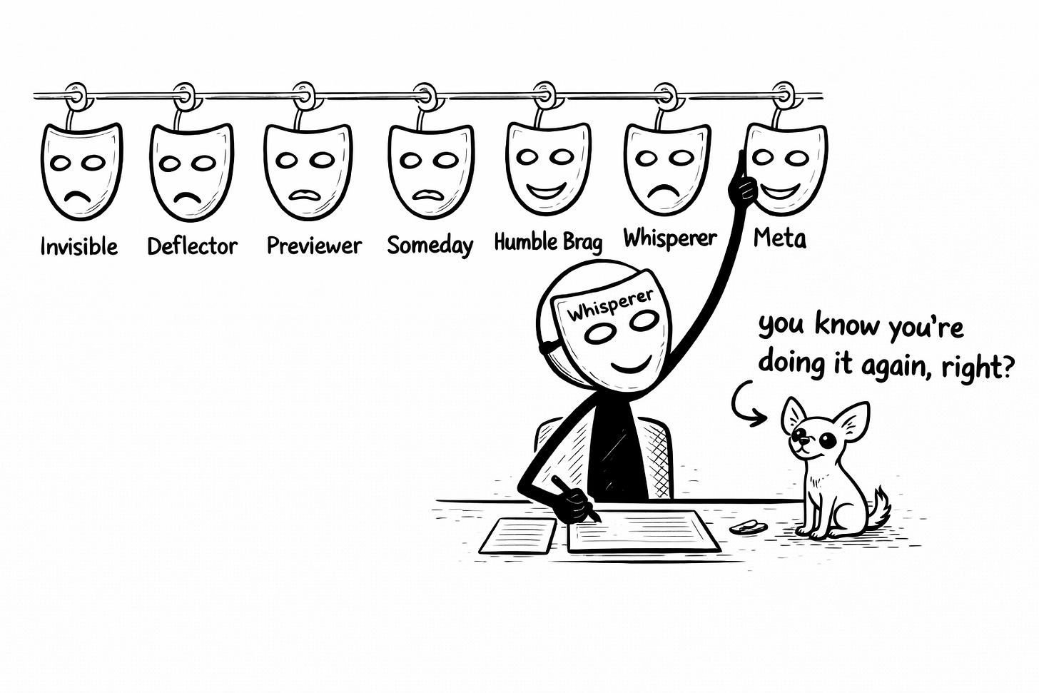 A stick figure wearing a Whisperer mask reaches for the Meta mask from a rack of seven labeled pitch avoidance masks (Invisible, Deflector, Previewer, Someday, Humble Brag, Whisperer, Meta) while a small chihuahua asks "you know you're doing it again, right?" A stick figure wearing a Whisperer mask reaches for the Meta mask from a rack of seven labeled pitch avoidance masks (Invisible, Deflector, Previewer, Someday, Humble Brag, Whisperer, Meta) while a small chihuahua asks "you know you're doing it again, right?"