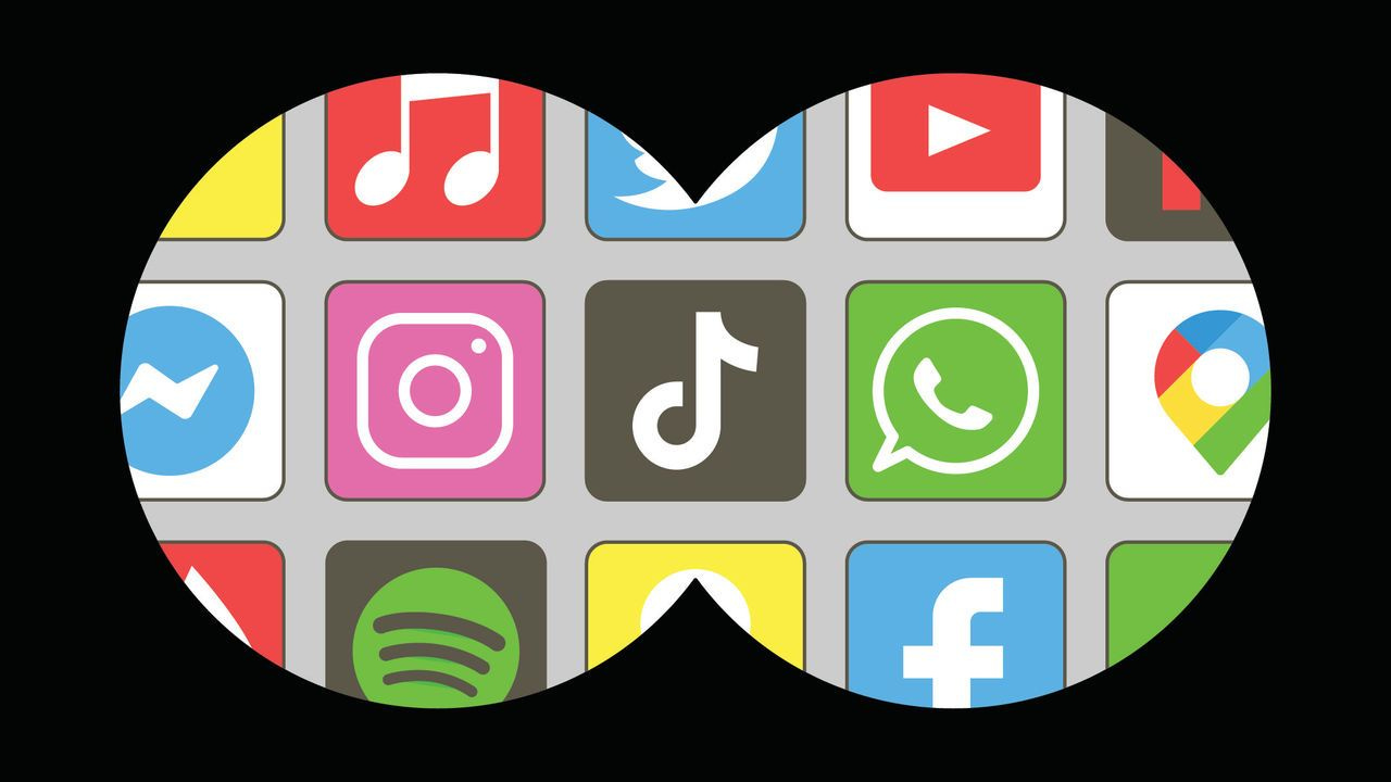 Illustration depicting binocular tunnel vision effect, focused on a display of app icons in an App Store. The icons are arranged neatly, showcasing various applications available for download.
