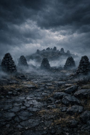 An original Cairn‑Ring Summit — a storm‑lashed hilltop encircled by towering burial cairns made of rough, uneven stones. No runes, no symbols, no copyrighted elements. Mist coils between the cairns, drifting over cracked earth and patches of dead grass. The sky churns with dark storm clouds, lightning flickering faintly behind them. The cairns stand as stark silhouettes in the fog, ancient and solemn beneath the turbulent sky.