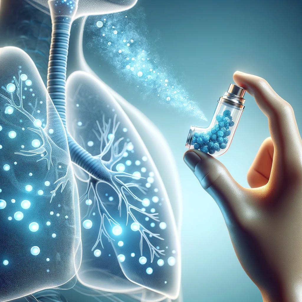 A close-up of a hand holding a transparent inhaler, releasing tiny, glowing blue spheres that represent exosomes. The spheres are floating towards a stylized, semi-transparent human lung where they are absorbed into the lung tissue, which is dotted with small, darker spots to symbolize cancer cells. The background is a soft gradient from light blue to white, symbolizing hope and innovation. There are no human faces or identifiable features, ensuring focus on the technology and its application in lung cancer treatment.