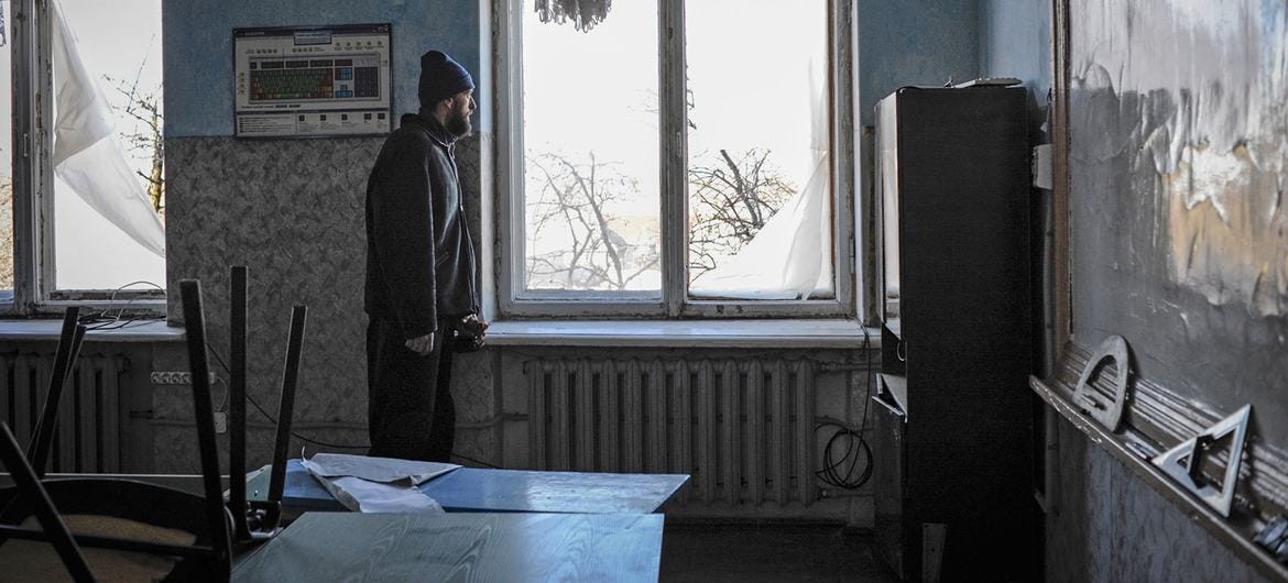 A man stands in a school that was damaged by constant shelling in Oleksandrivka, near Donetsk, Ukraine. (file) A man stands in a school that was damaged by constant shelling in Oleksandrivka, near Donetsk, Ukraine. (file)
