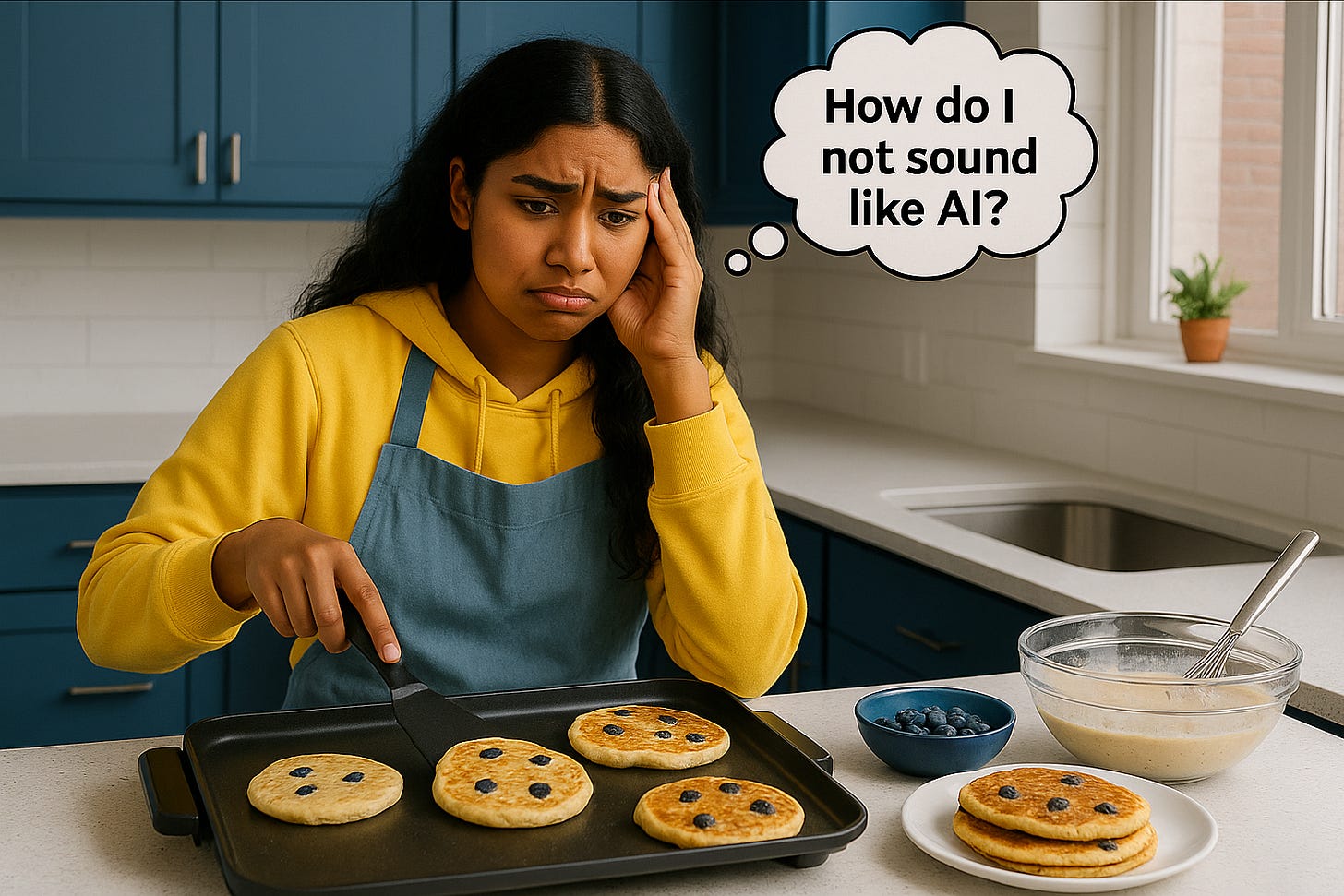 A young biracial woman with medium-brown skin and long dark wavy hair stands in her bright Blueberri-blue kitchen, wearing a yellow hoodie while flipping pancakes in a nonstick pan. Soft daylight fills the space, highlighting the batter bowl, blueberries, and her DSLR camera on the counter. She looks slightly concerned as she focuses on the pancake mid-flip.
